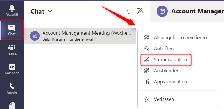 Microsoft Teams Chat Stummschalten