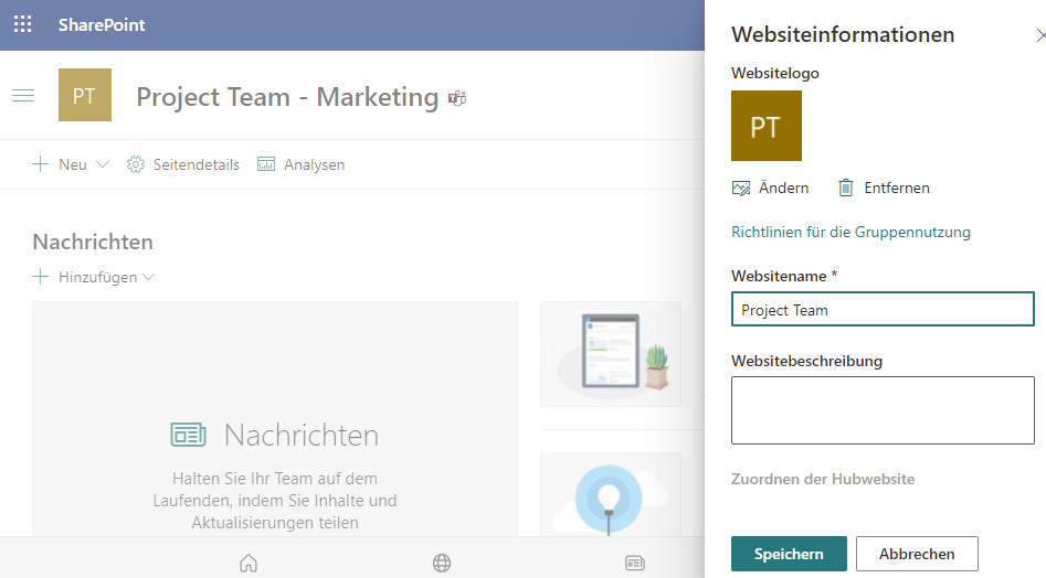 SharePoint-Site umbenennen für neuen privaten Kanal "Marketing"